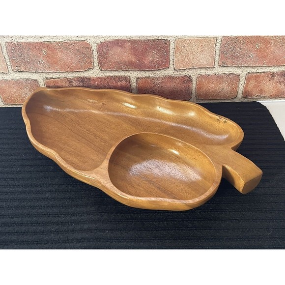 Vintage Monkey Pod Leaf Wooden Hand Carved Serving Tray Dish Bowl Mid-Century - Picture 2 of 8